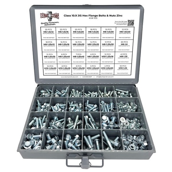 Boltsandnuts.Com Metric Class 10.9 JIS Hex Flange Frame Bolts & Nuts Assortment M6-M10 402 PCS Assortment Kit #103 - main